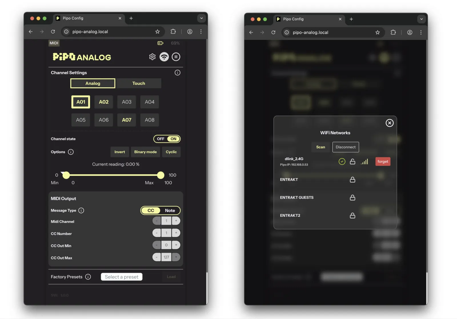 Pipo Analog web configuration page in a browser, with channel settings, MIDI output options and Wi-Fi network list